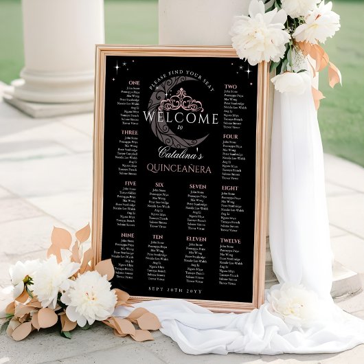 Moon Stars Tiara Black Quinceañera Seating Chart Poster