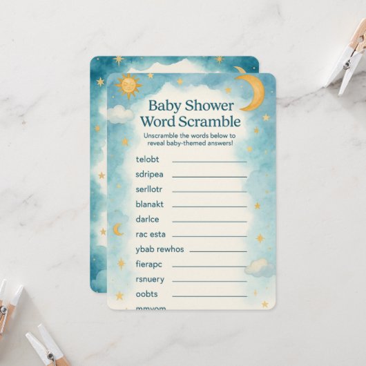 Moon, Stars & Whimsical Word Scramble Baby Shower Kaart (Voorkant / Achterkant in situ)
