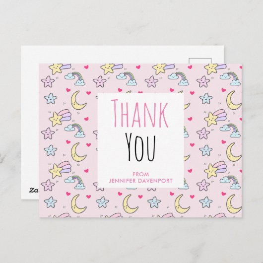 Moon, sterren en wolken Patroon op Roze Dank u Briefkaart (Voorkant / Achterkant)
