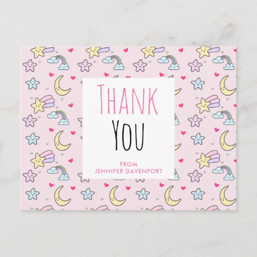 Moon, sterren en wolken Patroon op Roze Dank u Briefkaart (Voorkant)