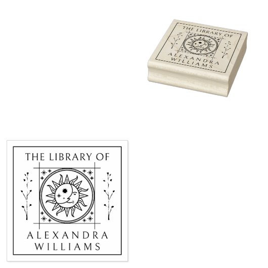  Moon Sun Custom Name Library Boek Rubberstempel (Gestempeld)