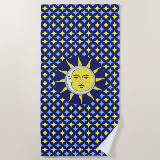 Moon & Sun op blauw en geel Star-patroon Strandlaken (Voorkant)