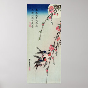 Moon, Swallows en Perzikbloesems, Ando Hiroshige Poster