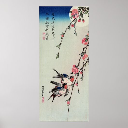 Moon, Swallows en Perzikbloesems, Ando Hiroshige Poster (Voorkant)