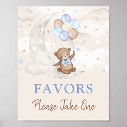 Moon Teddy Bear Blue Brown Balloons Favors Sign Poster (Voorkant)