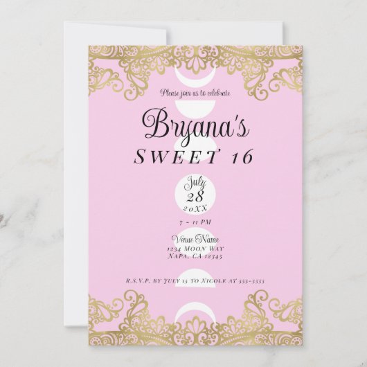 Moon Temple Pink & Gold  Sweet 16 Kaart (Voorkant)