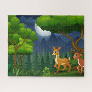 Moon Trees Deer Familie in het Nacht Bos Legpuzzel