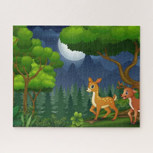 Moon Trees Deer Familie in het Nacht Bos Legpuzzel (Horizontaal)