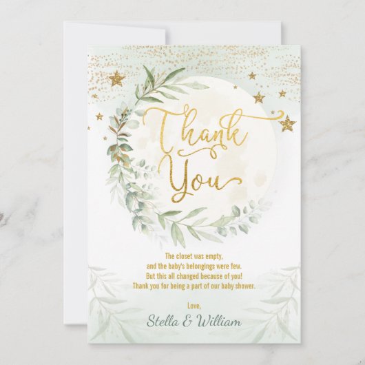 Moon Twinkle Stars Greenery Gold Baby shower Bedankkaart (Voorkant)