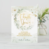 Moon Twinkle Stars Greenery Gold Baby shower Bedankkaart (Staand voorkant)