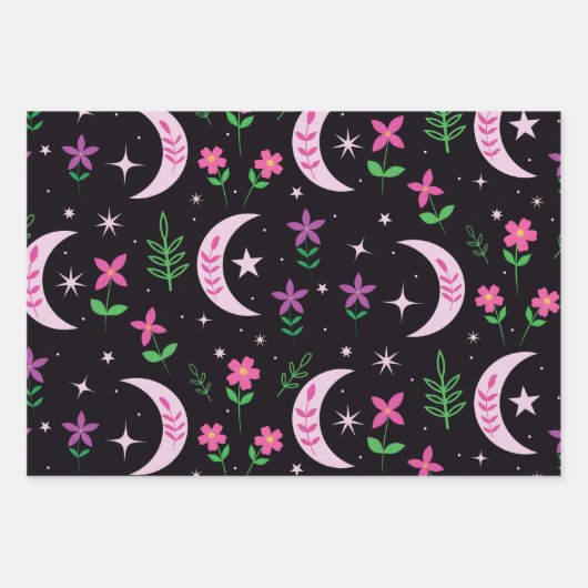 Moon van Boho met roze bloemen en bladeren Inpakpapier Vel (Voorkant 3)