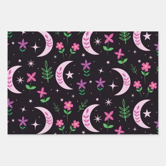 Moon van Boho met roze bloemen en bladeren Inpakpapier Vel (Voorkant 2)
