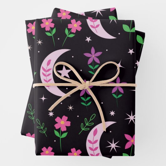 Moon van Boho met roze bloemen en bladeren Inpakpapier Vel (In situ)