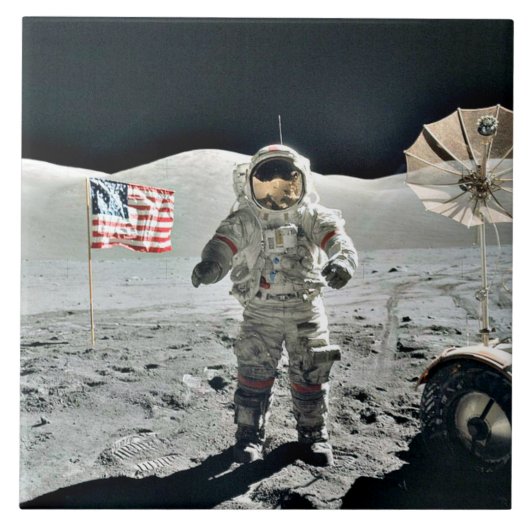 Moon Walk met Amerikaanse vlag Tegeltje (Voorkant)