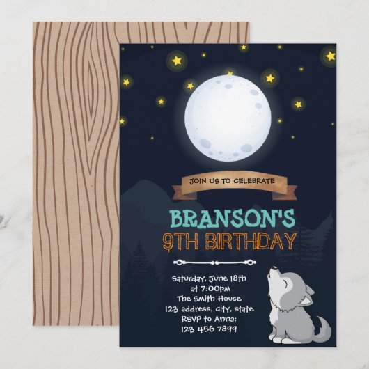 Moon wolf uitnodiging voor verjaardag (Voorkant / Achterkant)