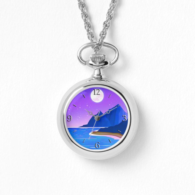 Moon, Zee van sterren en bergen in Violet en Blue Horloge (Voorkant)
