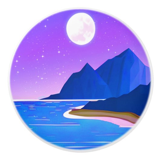Moon, Zee van sterren en bergen in Violet en Blue Keramische Knop (Voorkant)