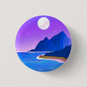 Moon, Zee van sterren en bergen in Violet en Blue Ronde Button 3,2 Cm