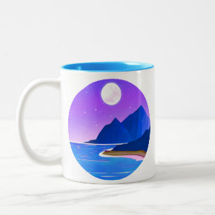 Moon, Zee van sterren en bergen in Violet en Blue Tweekleurige Koffiemok