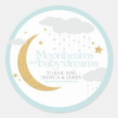 Moonbeams and baby dreams baby shower blue ronde sticker (Voorkant)