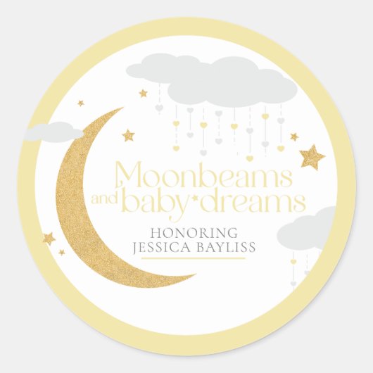 Moonbeams and baby dreams baby shower yellow ronde sticker (Voorkant)