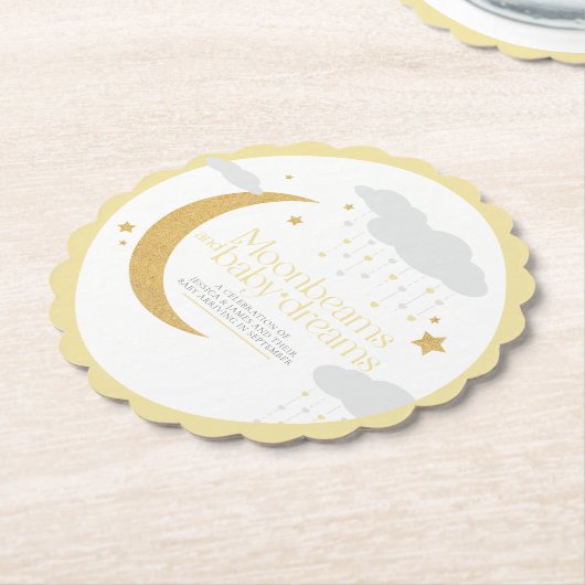 Moonbeams en baby dreams baby shower geel kartonnen onderzetters (Gekanteld)