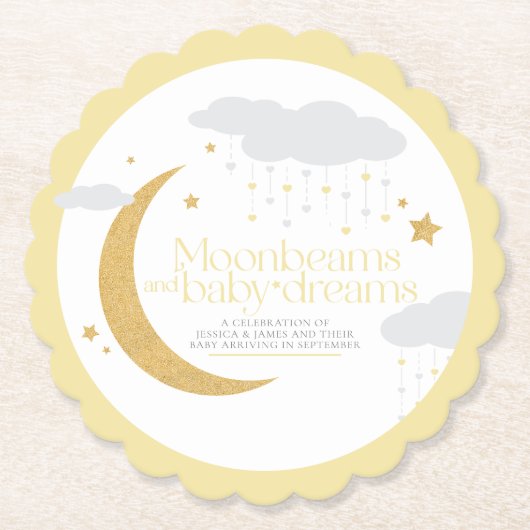 Moonbeams en baby dreams baby shower geel kartonnen onderzetters (Voorkant)