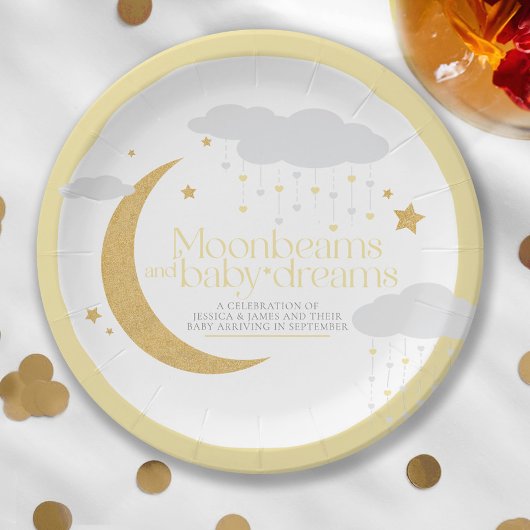 Moonbeams en baby dreams baby shower geel papieren bordje
