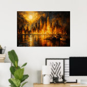Moonfire Skyline - Brandend stadsgezicht onder vol Poster (Thuiskantoor)