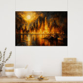 Moonfire Skyline - Brandend stadsgezicht onder vol Poster (Keuken)