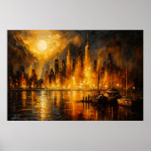 Moonfire Skyline - Fiery Cityscape Under Full Moon Poster (Voorkant)