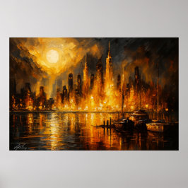 Moonfire Skyline - Fiery Cityscape Under Full Moon Poster