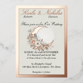 Moonflower Off White, Brede Rose Goud Folie Uitnodiging