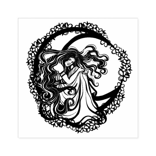 MoonKind Blauw Bloemen Maan Godin Kunst Maan Kind Rubberstempel (Afrduk)