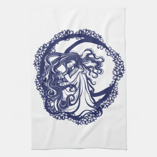 MoonKind Blauw Bloemen Maan Godin Kunst Maan Kind Theedoek