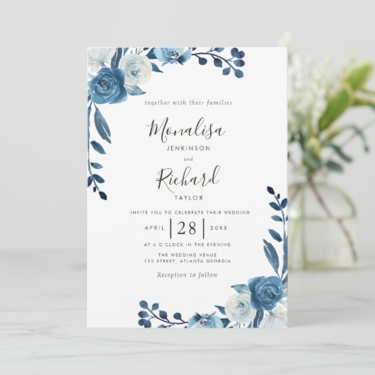 Moonlight Blauwe Bloemen Uitnodiging (Staand voorkant)