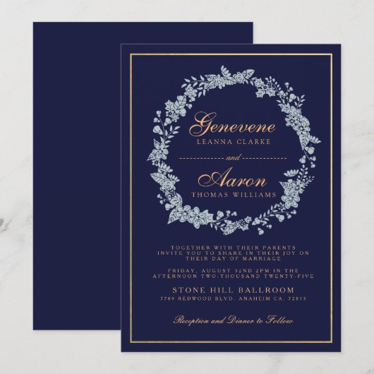 Moonlight Bloom | Deep Navy huwelijksuitnodiging Kaart (Voorkant / Achterkant)