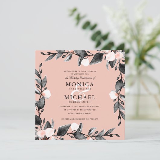 Moonlight Bloom | Moderne botanische bruiloft roze Kaart (Staand voorkant)