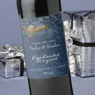 Moonlight Blue, Owl, Forest Food Wine Label Wijn Etiket
