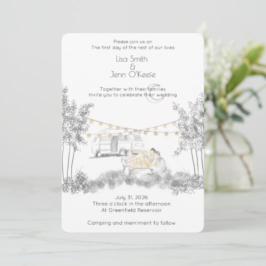 Moonlight Camping Hand getrokken bruiloft uitnodig Kaart (Staand voorkant)