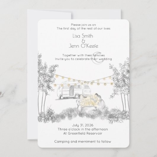 Moonlight Camping Hand getrokken bruiloft uitnodig Kaart (Voorkant)