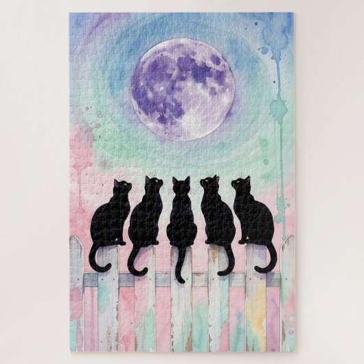 Moonlight Cats Puzzle – Five Black Cats Watercolor Legpuzzel (Verticaal)