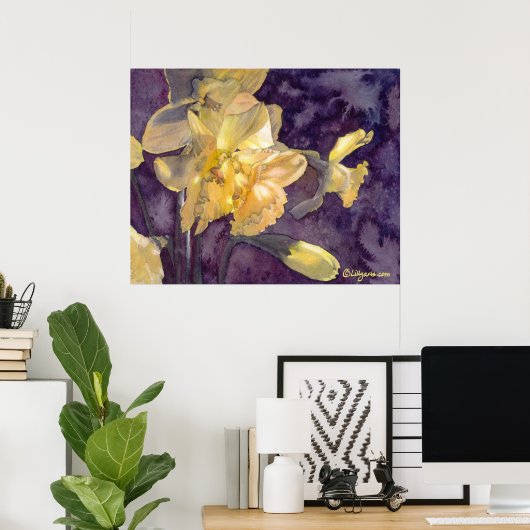 Moonlight Daffodils Waterverf Poster Afdrukken (Thuiskantoor)