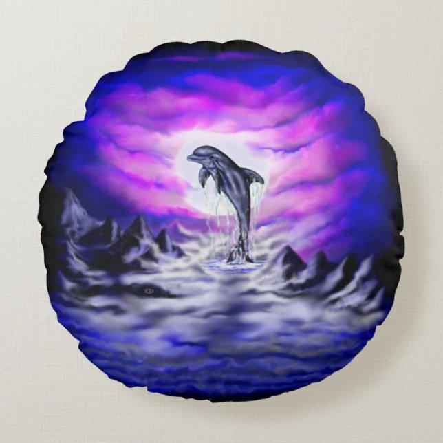 Moonlight Dolphin Rond Kussen (Voorkant)