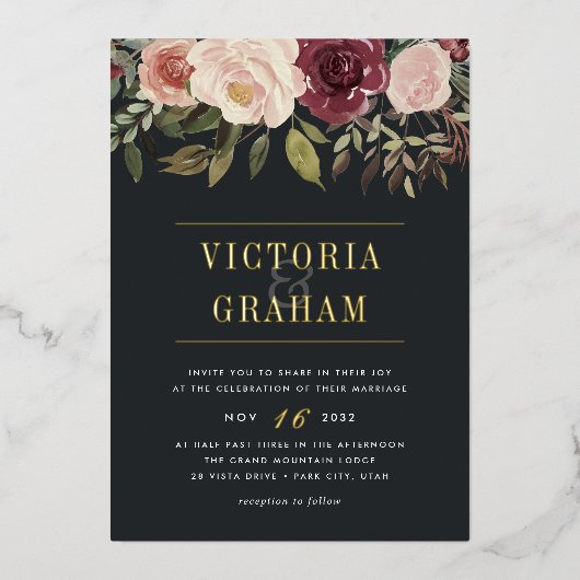 Moonlight Garden Dark Waterverf Floral Folie Uitnodiging (Voorkant)