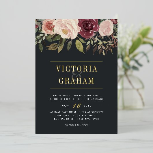 Moonlight Garden Dark Waterverf Floral Folie Uitnodiging (Staand Voorkant)