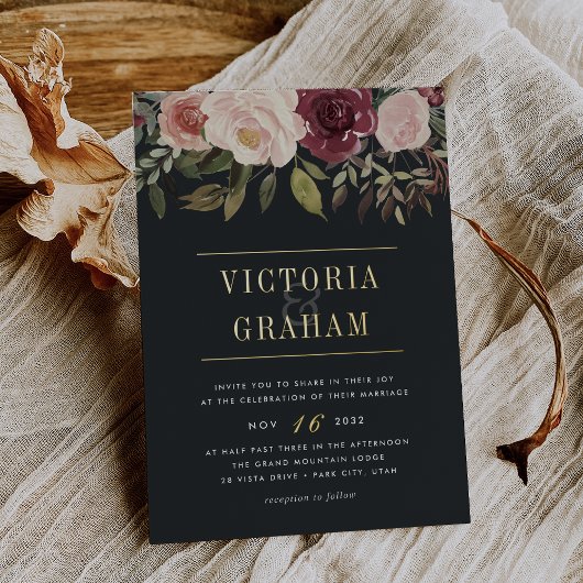 Moonlight Garden Dark Waterverf Floral Folie Uitnodiging