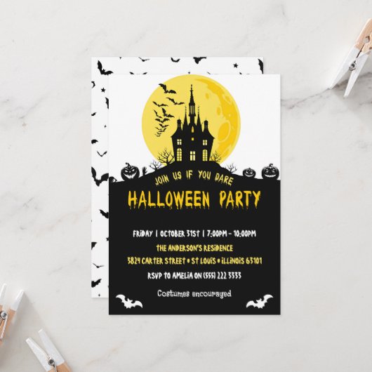 Moonlight Haunted House Spooky Halloween Party Kaart (Voorkant / Achterkant in situ)