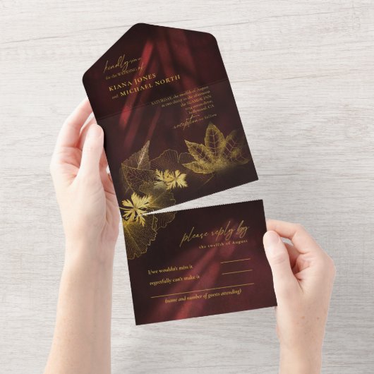 Moonlight Romance Wedding Burgundy ID881 All In One Uitnodiging (Afscheurbaar)