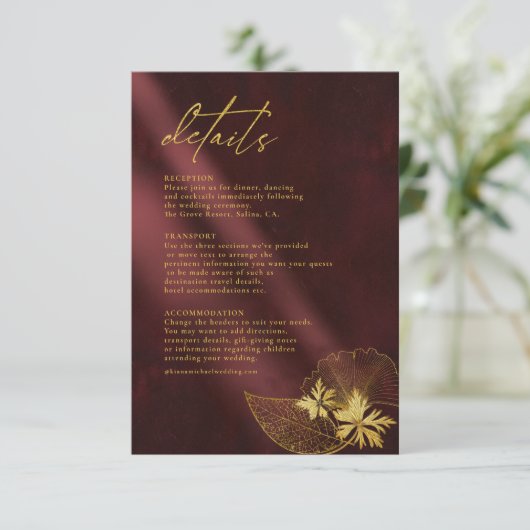 Moonlight Romance Wedding Details Burgundy ID881 Informatiekaartje (Staand voorkant)